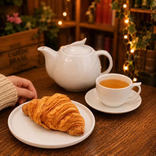 A pot of tea and a pastry on a café table